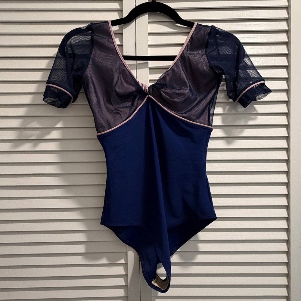 NWT DellaLo Milano Navy Blue Leotard with Lavender Trim and Sheer Mesh